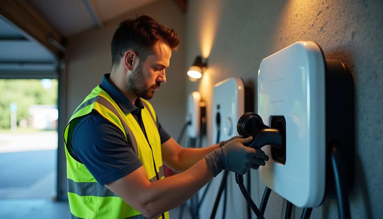 Technicien en train d'installer une borne de recharge électrique dans un garage à Saint-Pierre-de-Bœuf