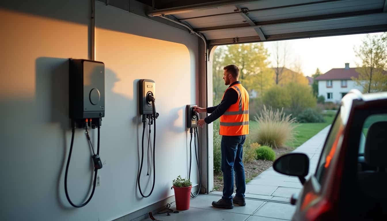 Technicien en train d'installer une borne de recharge électrique dans un garage à Tonnay-Charente
