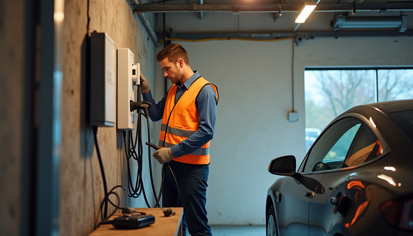 Technicien en train d'installer une borne de recharge électrique dans un garage à Varangéville