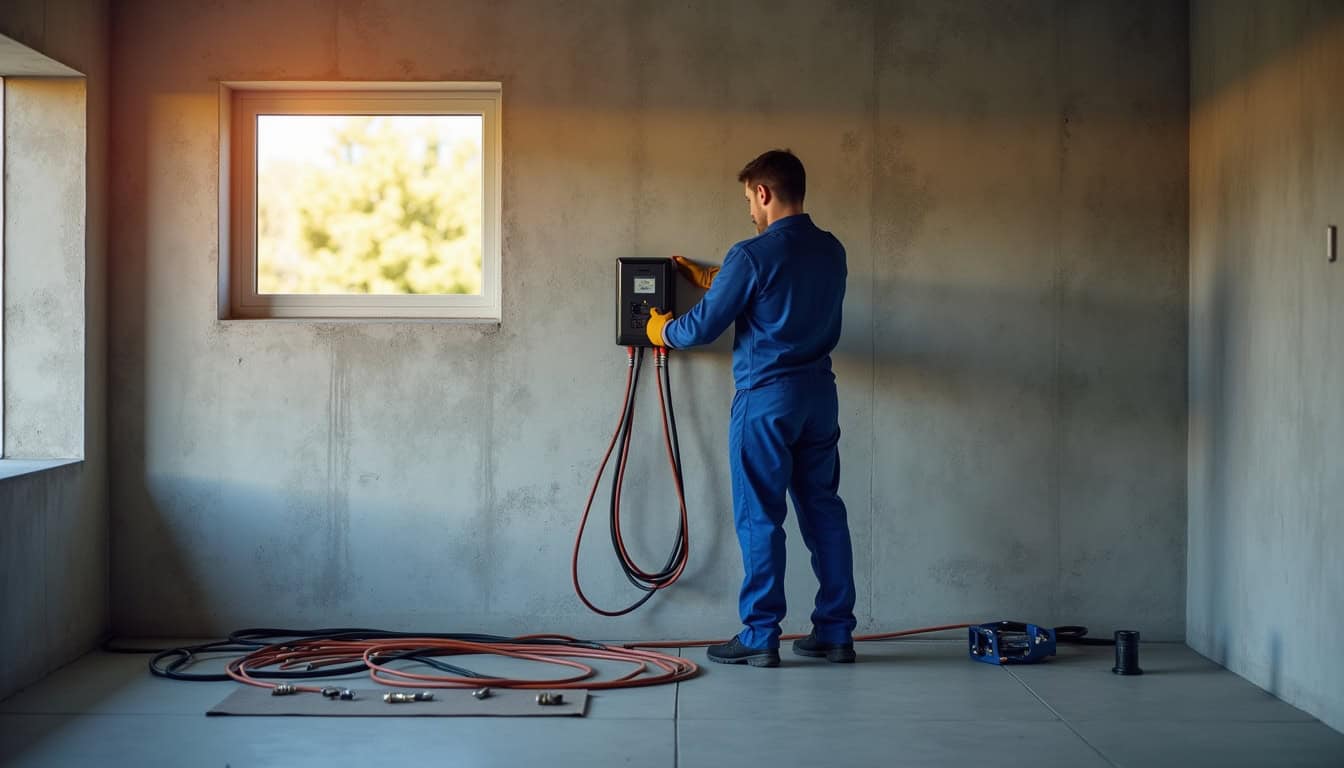 Technicien en train d’installer une borne de recharge électrique dans un garage à Vercel-Villedieu-le-Camp