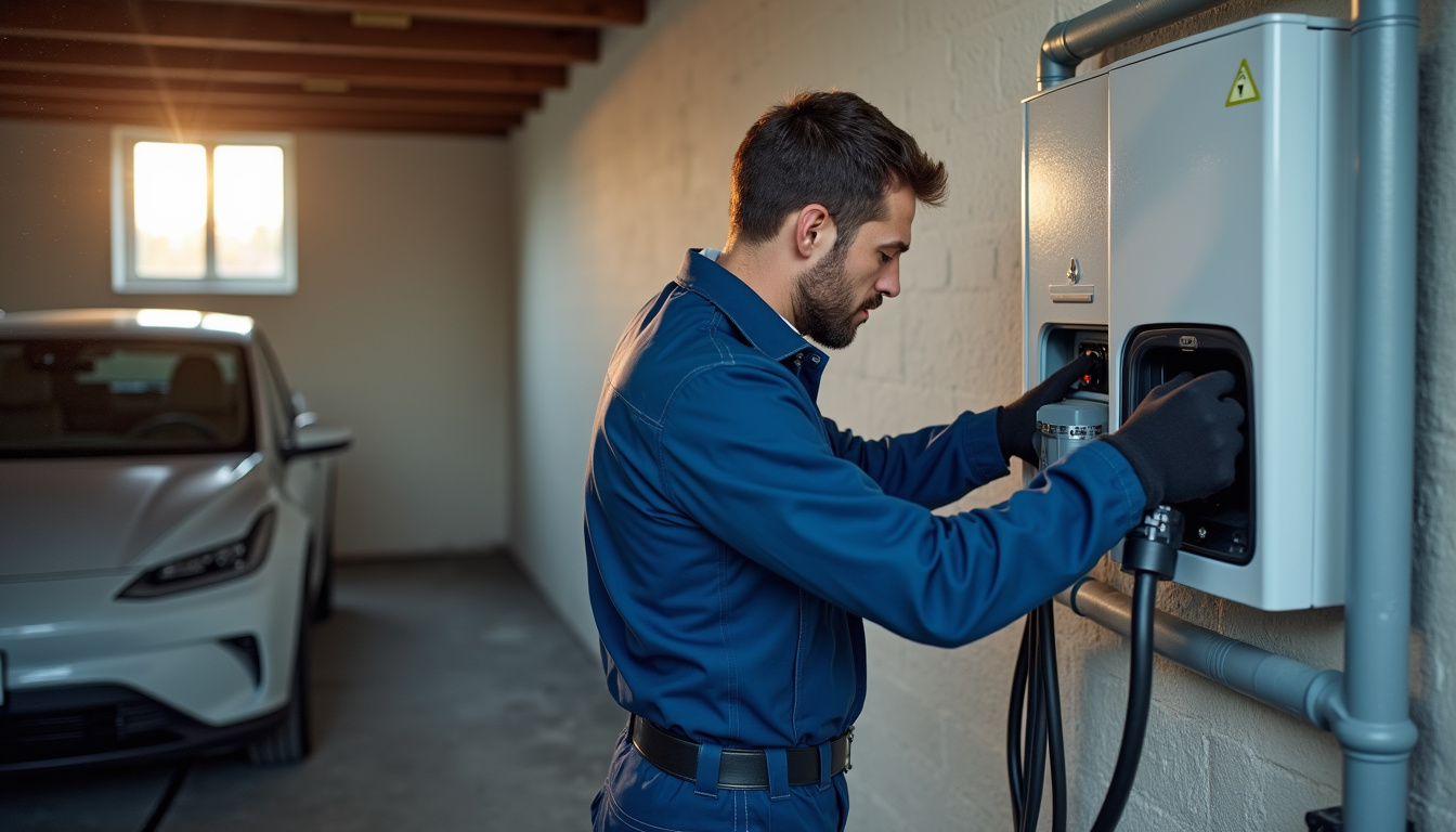 Technicien en train d'installer une borne de recharge électrique dans un garage à Villemontais