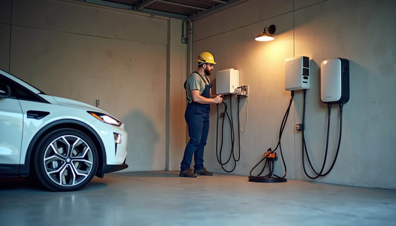 Technicien en train d'installer une borne de recharge électrique dans un garage à Voisins-le-Bretonneux