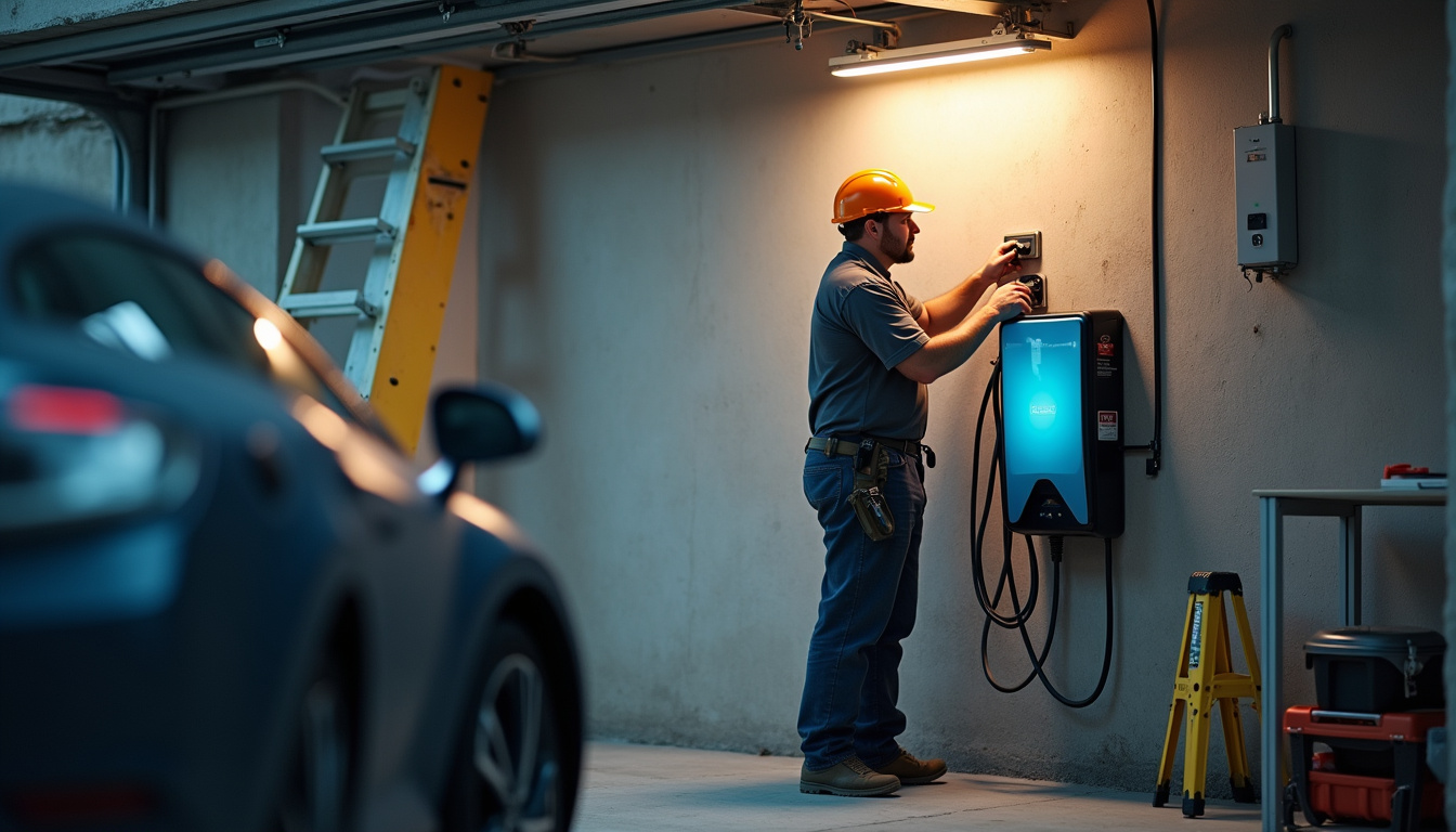 Technicien en train d'installer une borne de recharge électrique dans un garage privé