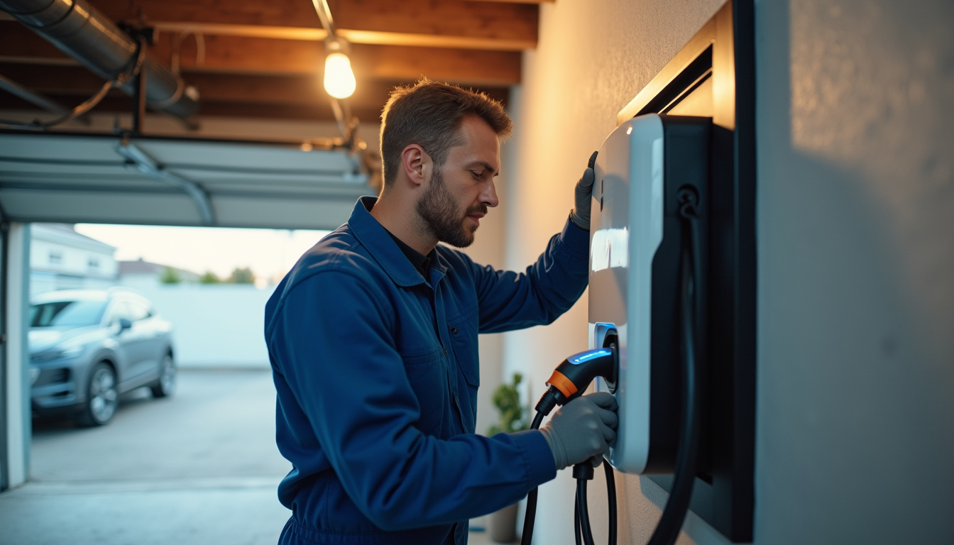 Technicien en train d'installer une borne de recharge électrique dans un garage résidentiel