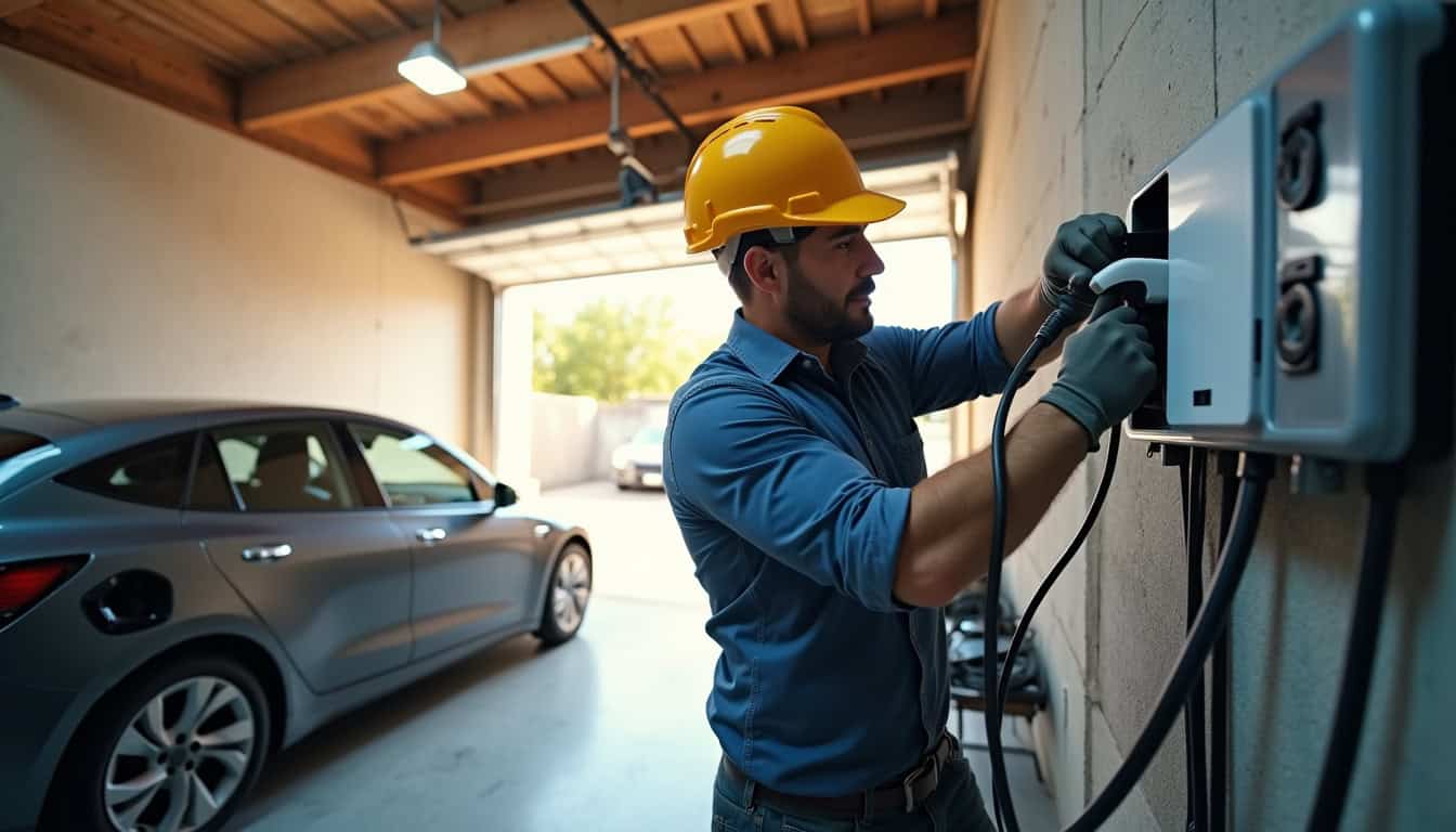 Technicien en train d'installer une borne de recharge électrique dans un garage