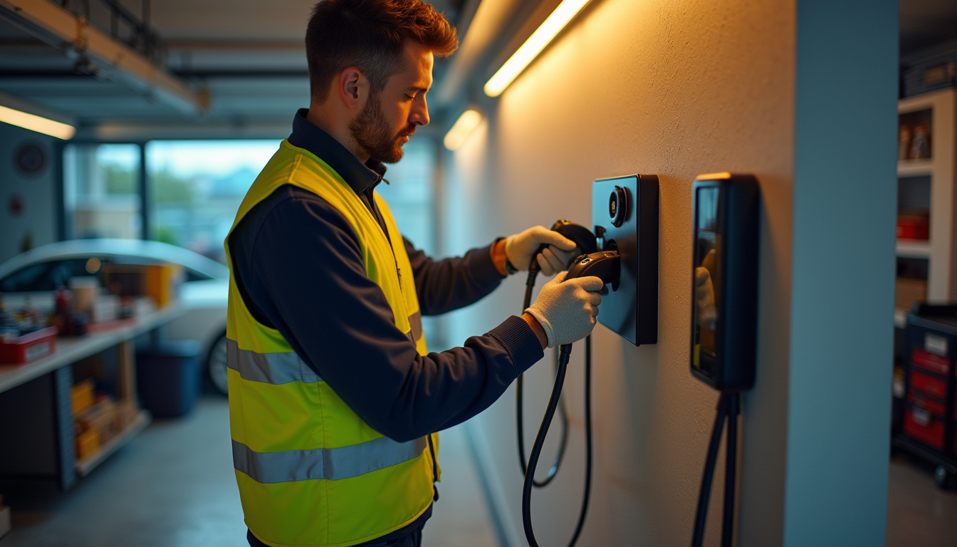 Technicien en train d'installer une borne de recharge électrique dans un garage