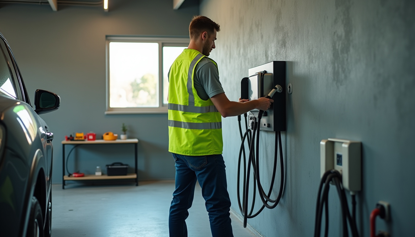 Technicien en train d'installer une borne de recharge électrique dans un garage