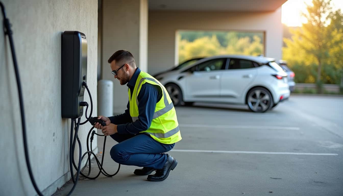 Technicien en train d'installer une borne de recharge électrique dans un parking collectif à Bordes