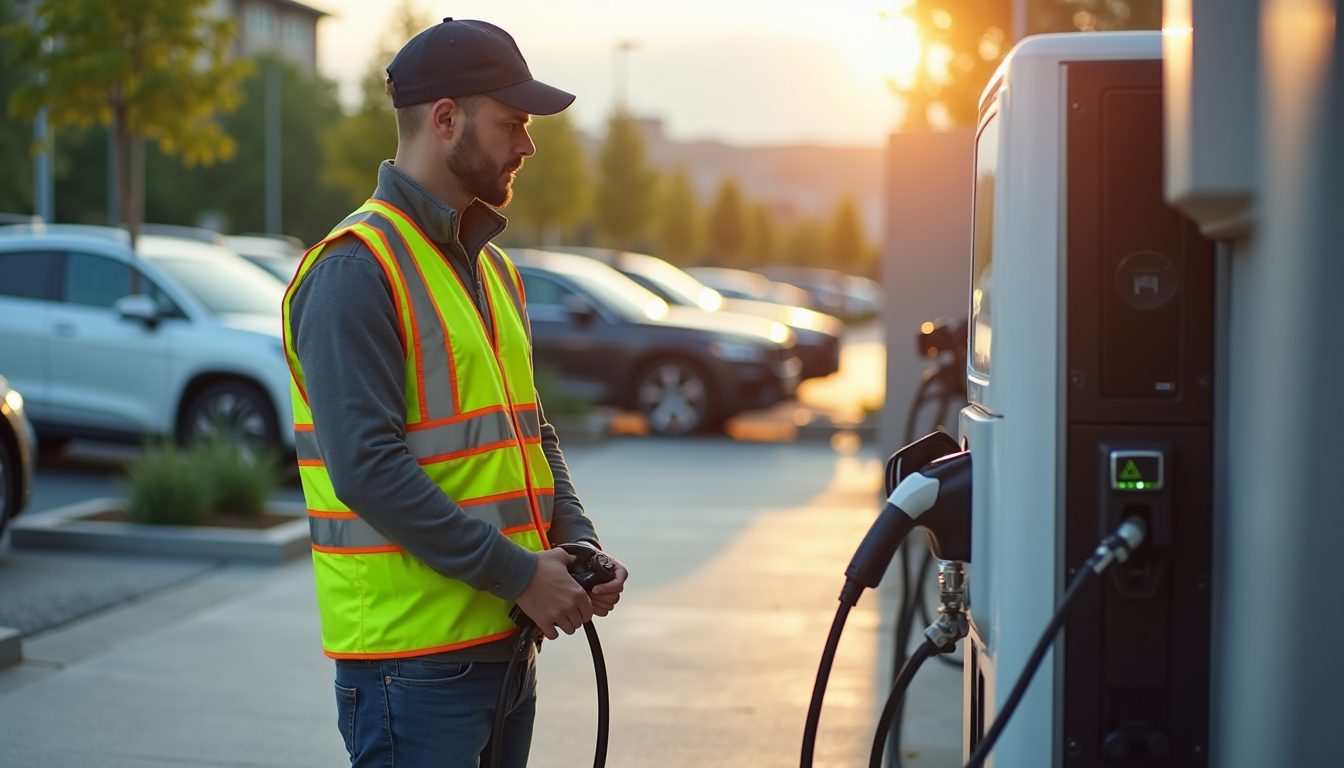 Technicien en train d’installer une borne de recharge électrique dans un parking public
