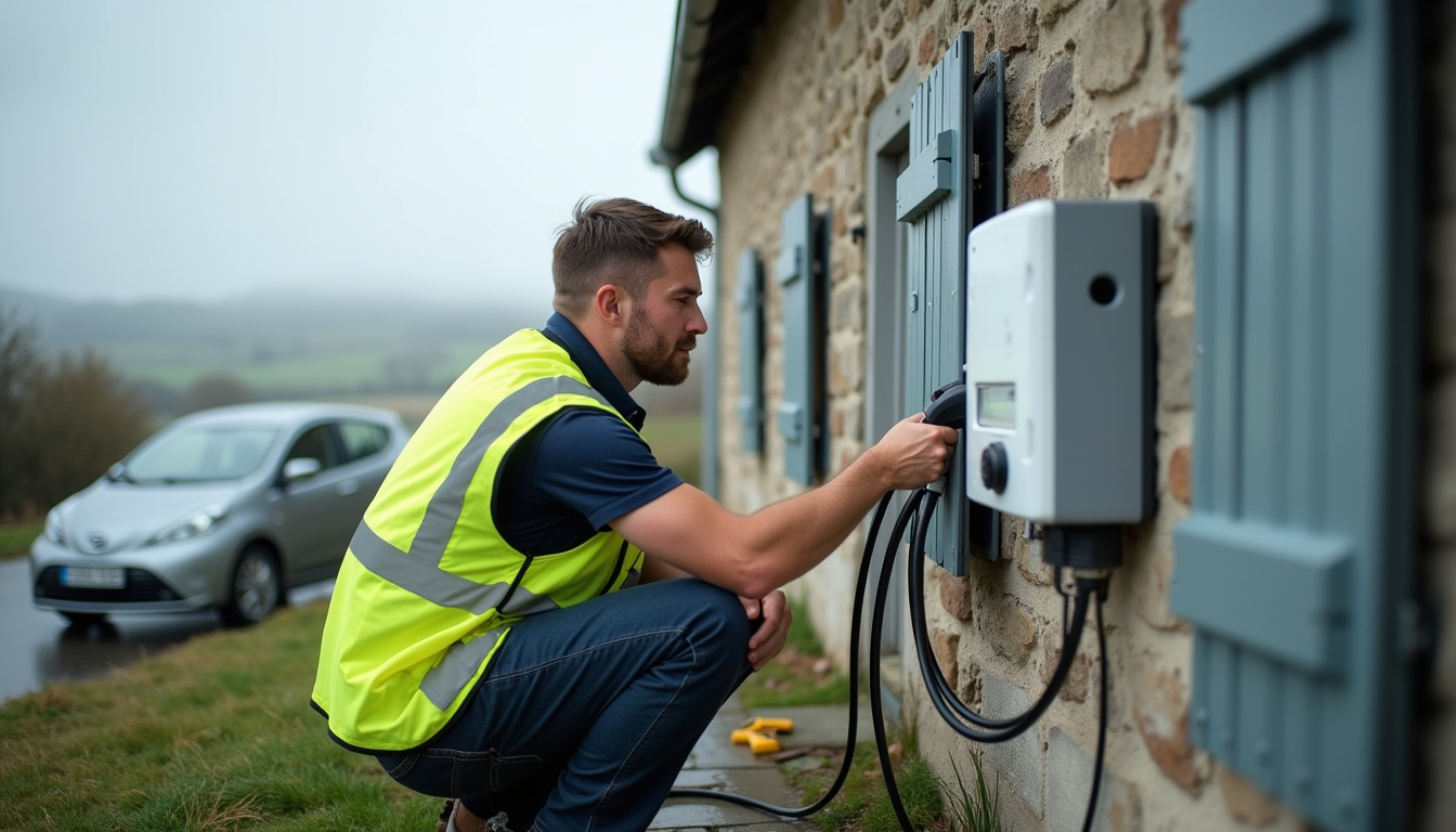 Technicien en train d'installer une borne de recharge électrique dans une maison à Plougasnou