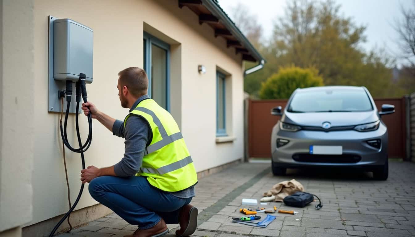 Technicien en train d'installer une borne de recharge électrique dans une maison à Villeneuve-en-Perseigne