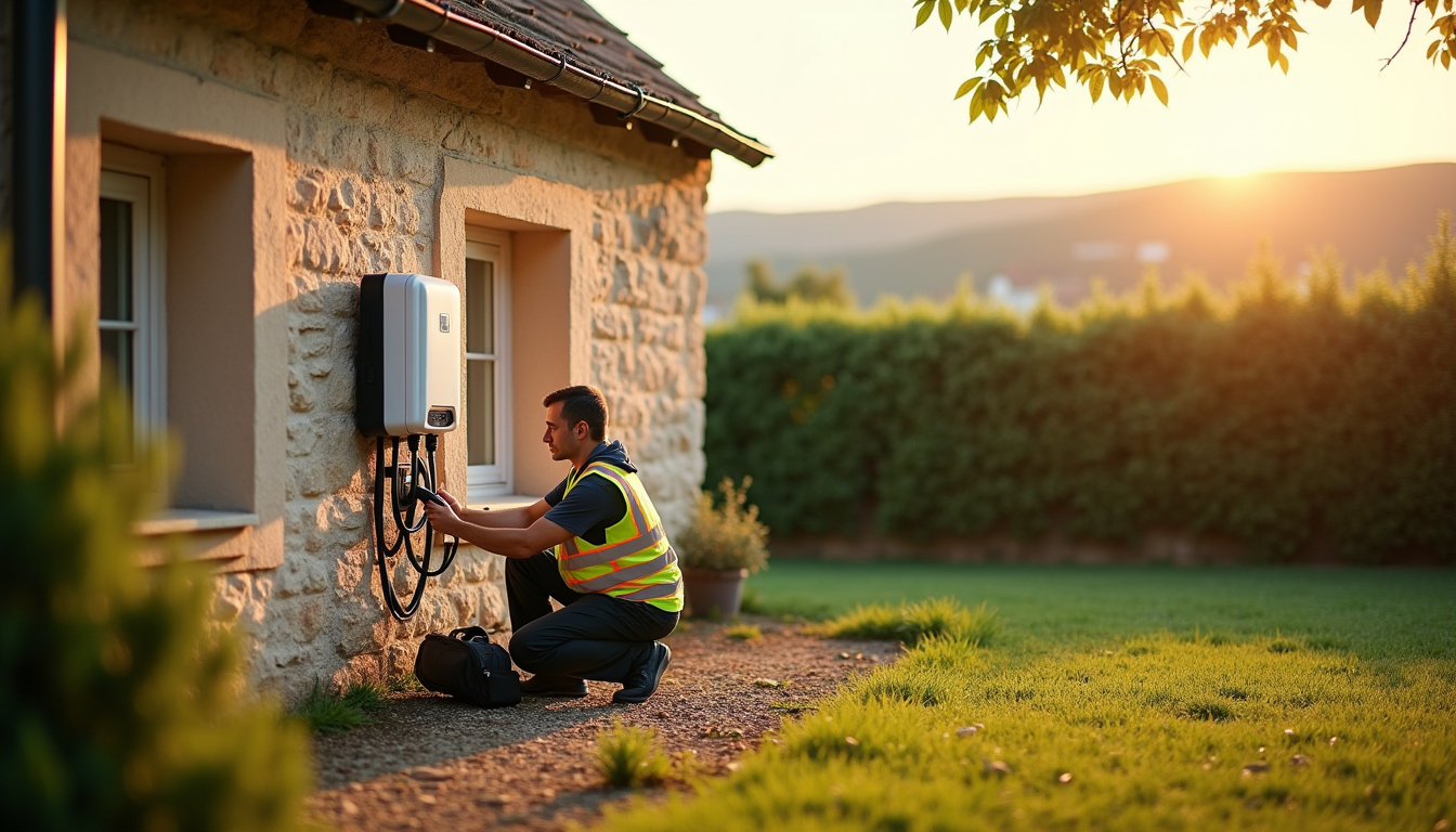 Technicien en train d'installer une borne de recharge électrique dans une maison du Gers