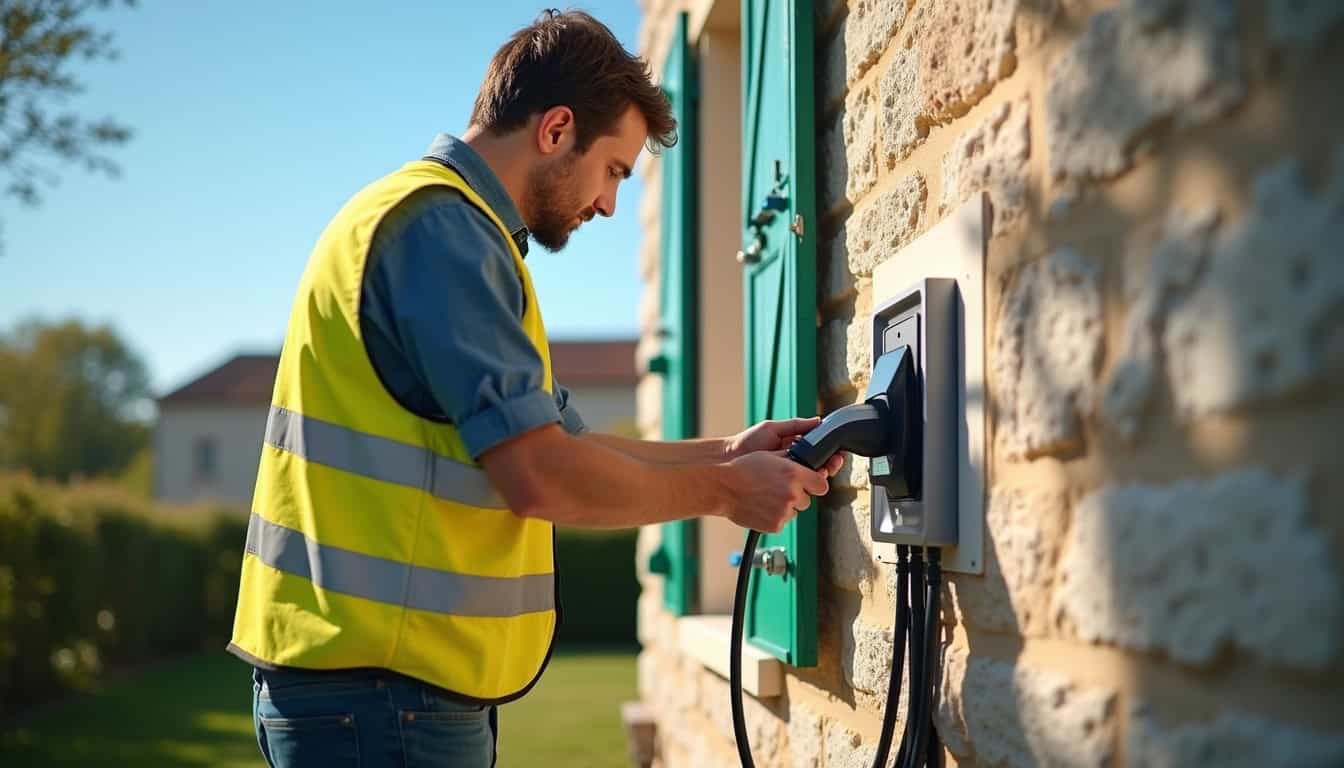 Technicien en train d'installer une borne de recharge électrique dans une maison en Loire-Atlantique