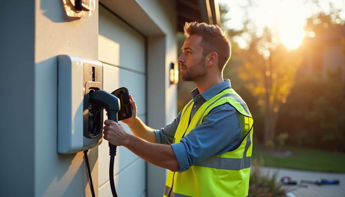 Technicien en train d'installer une borne de recharge électrique dans une résidence à Simard