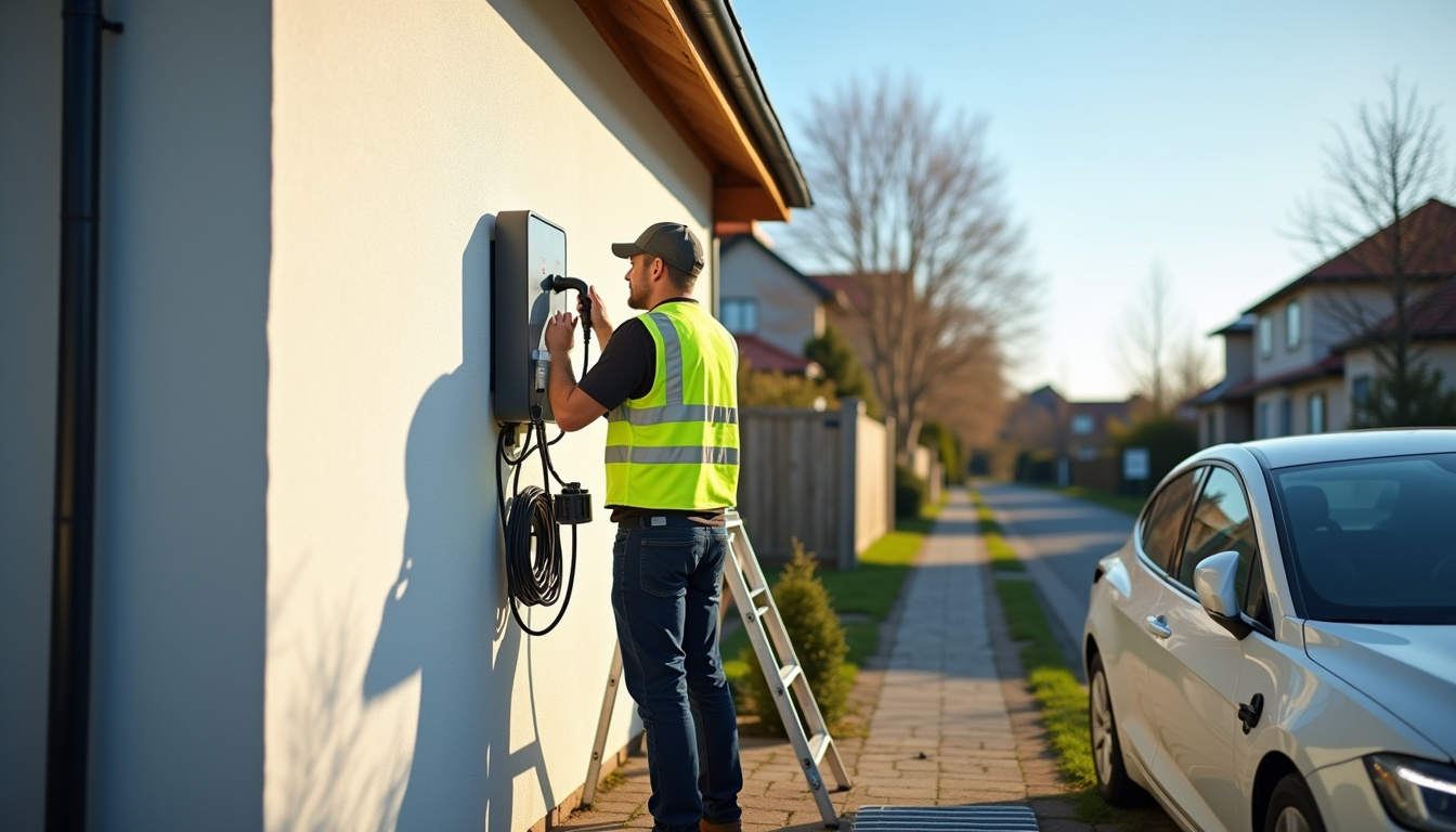 Technicien en train d'installer une borne de recharge électrique devant un garage à Mondoubleau
