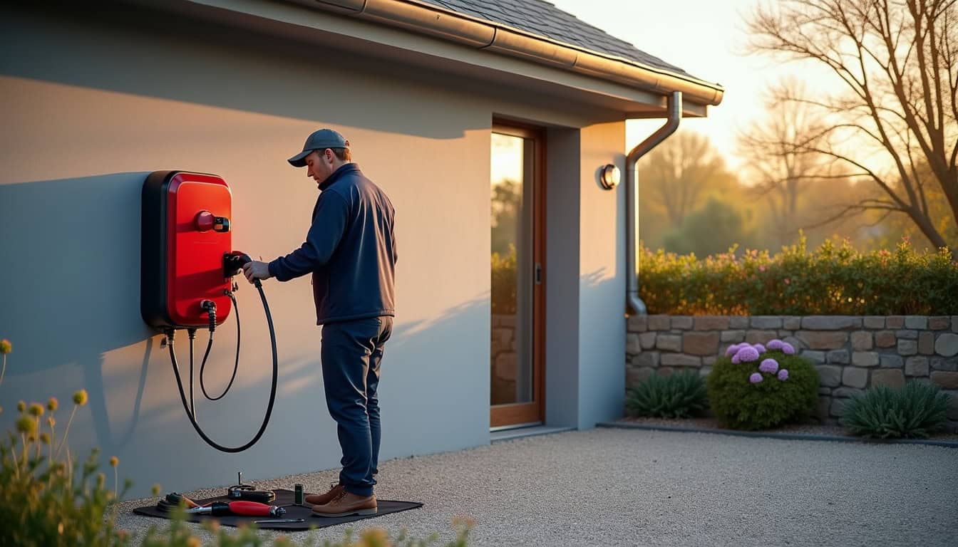 Technicien en train d'installer une borne de recharge électrique devant un garage à Pompaire