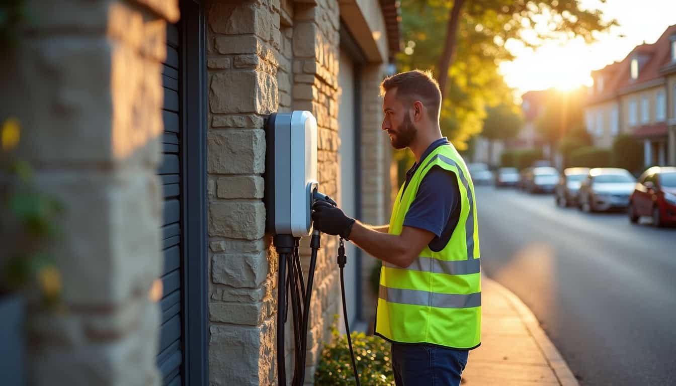 Technicien en train d'installer une borne de recharge électrique devant un garage à Sillingy