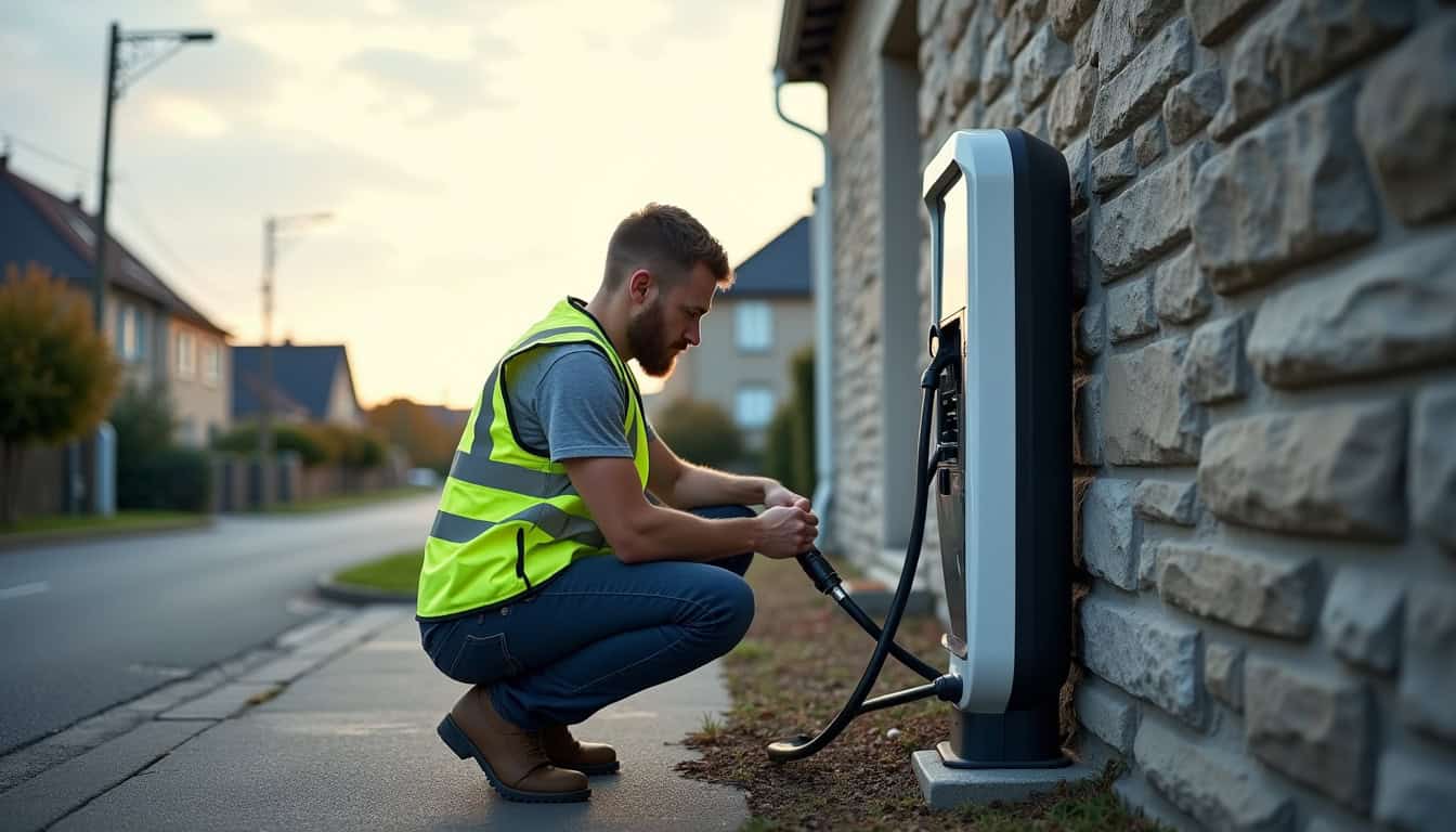Technicien en train d'installer une borne de recharge électrique devant un pavillon à Saint-Brieuc