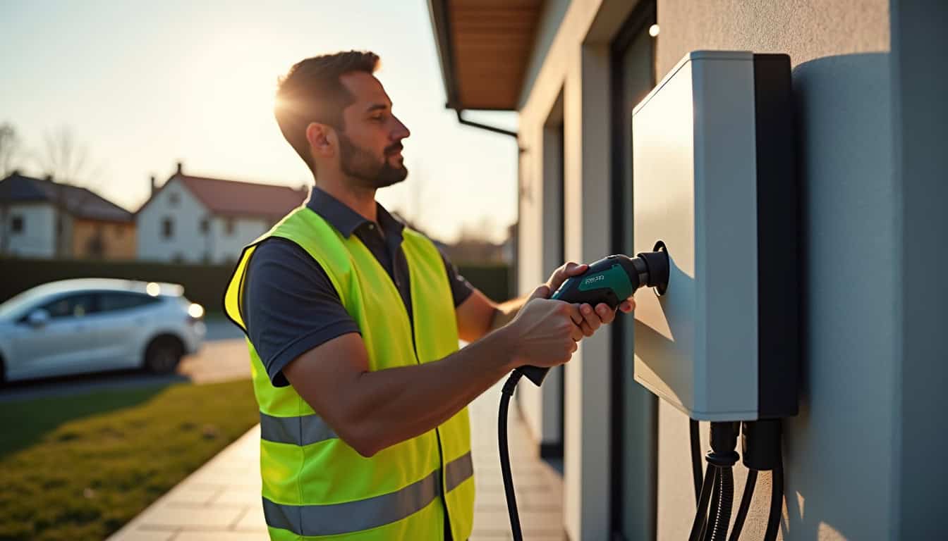 Technicien en train d'installer une borne de recharge électrique devant une maison à Favars