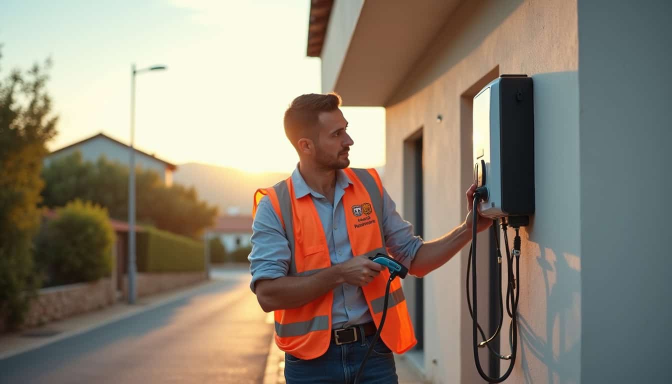 Technicien en train d'installer une borne de recharge électrique en extérieur à Royan