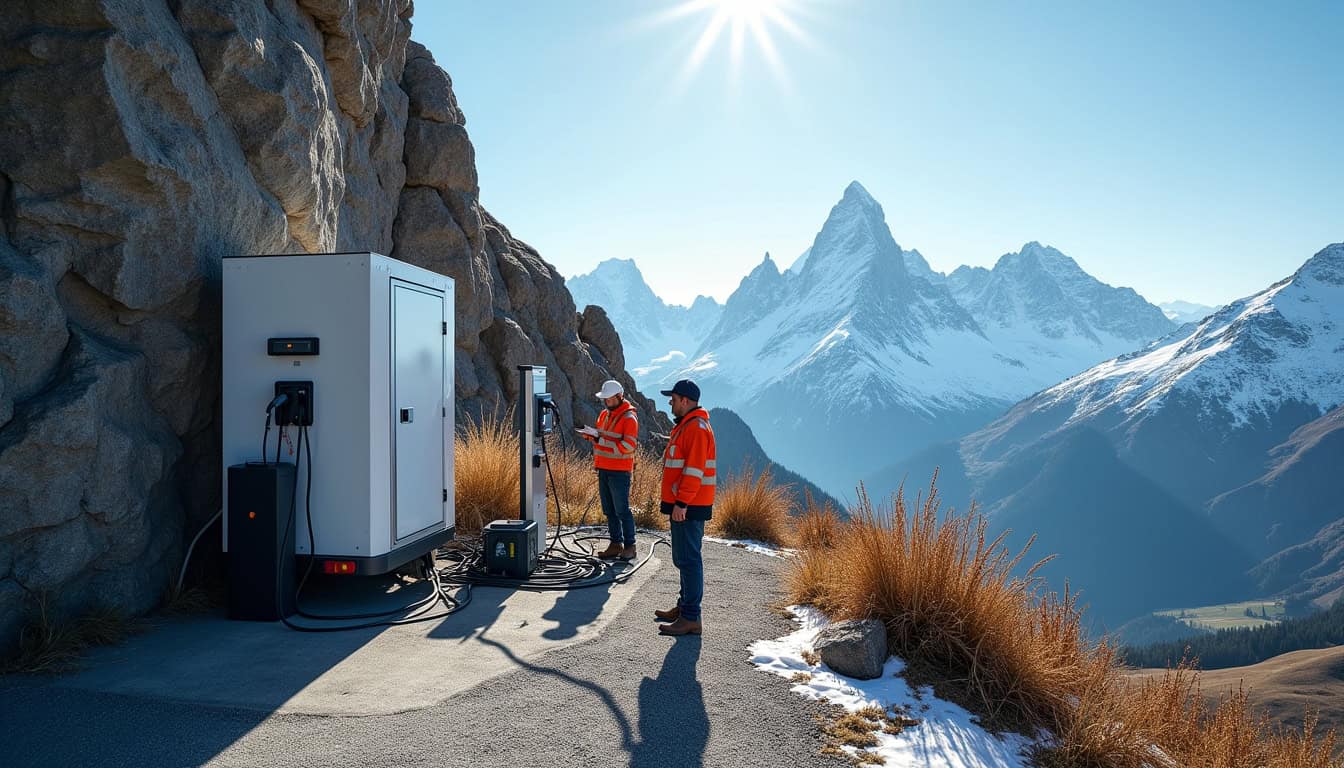 Technicien en train d’installer une borne de recharge électrique en extérieur en montagne
