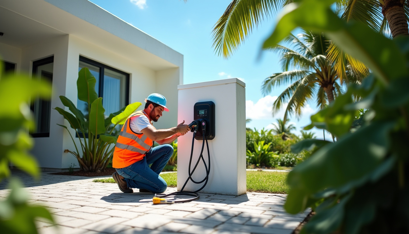 Technicien en train d’installer une borne de recharge électrique en Guadeloupe