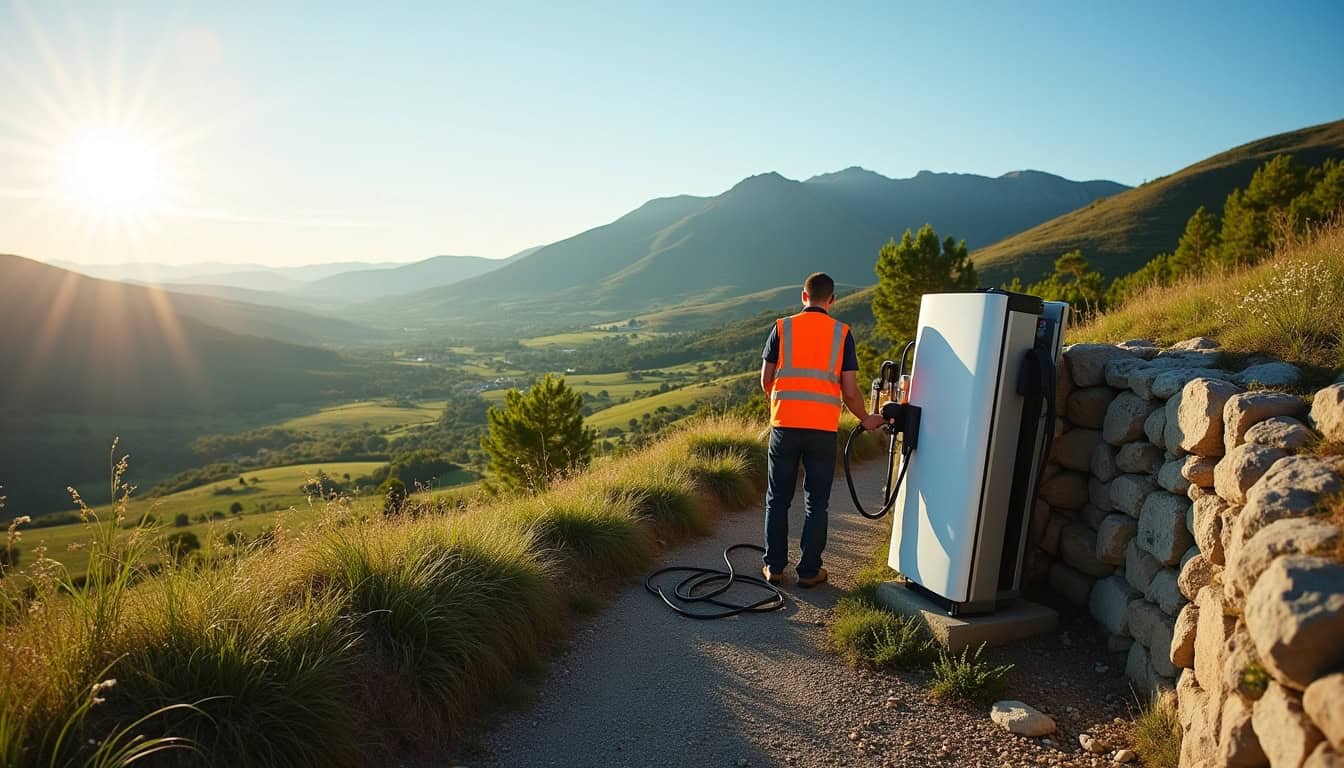 Technicien en train d'installer une borne de recharge électrique en Haute-Loire