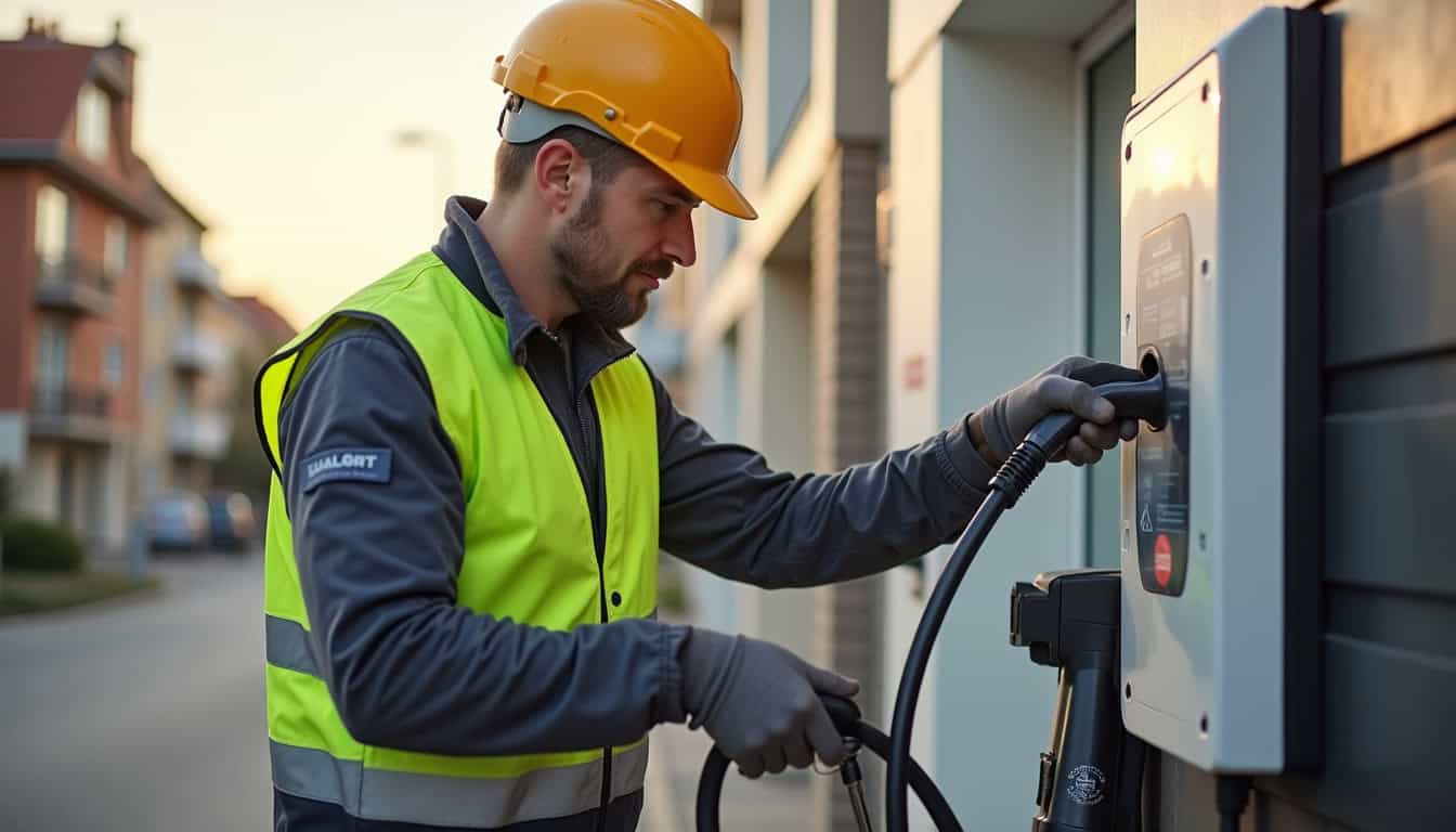 Technicien en train d'installer une borne de recharge électrique, en uniforme professionnel
