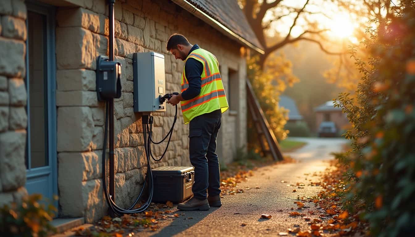 Technicien en train d'installer une borne de recharge électrique étape par étape à Les Monts d'Andaine