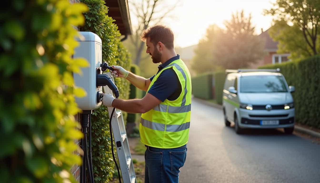 Technicien en train d'installer une borne de recharge électrique pour un particulier à Savigné-sur-Lathan