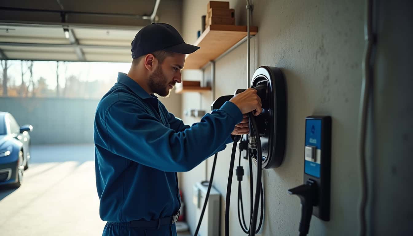 Technicien en train d'installer une borne de recharge électrique sur le mur d'un garage à Chimilin
