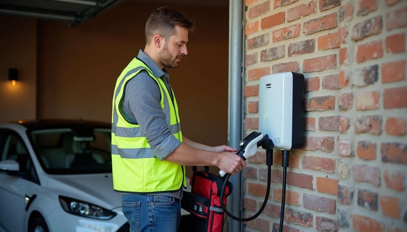 Technicien en train d’installer une borne de recharge électrique sur le mur d’un garage à Vigneulles-lès-Hattonchâtel