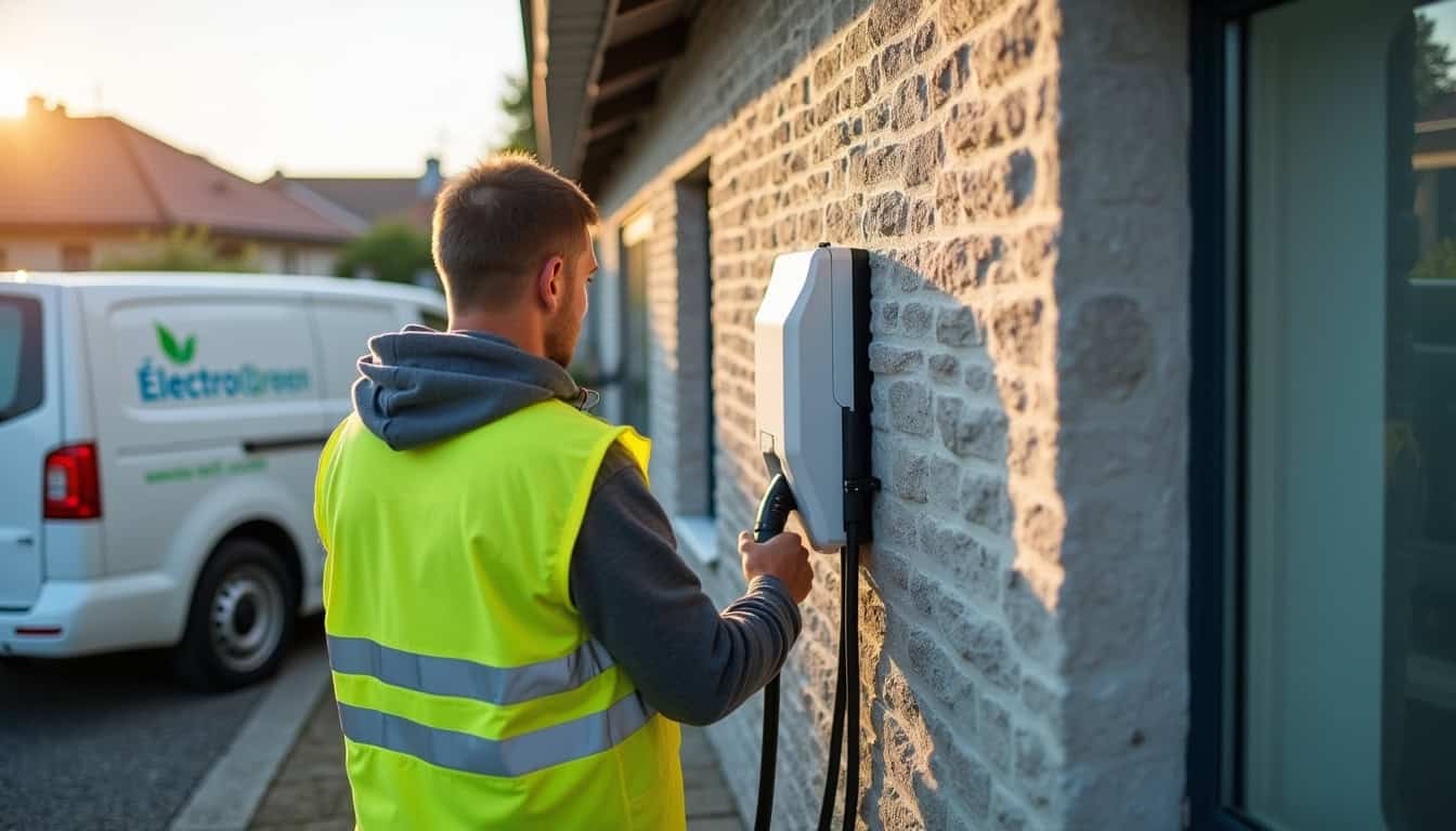 Technicien en train d’installer une borne de recharge électrique sur le mur d’une maison à Nozay