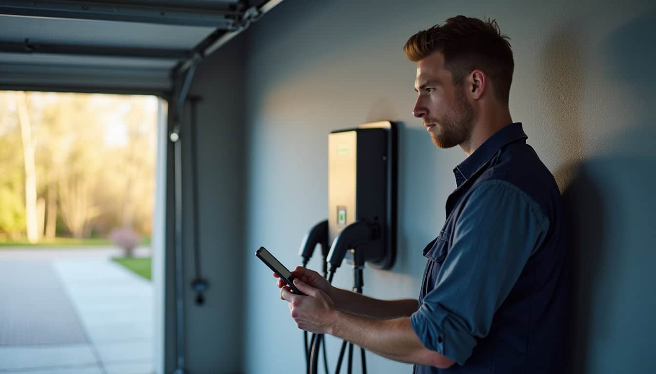 Technicien en train d'installer une borne de recharge électrique sur un mur de garage à Corneilhan