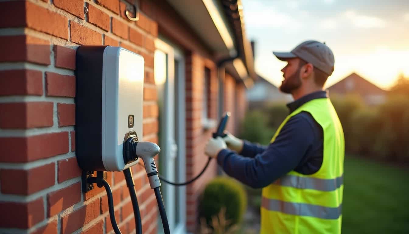 Technicien en train d'installer une borne de recharge électrique sur un mur extérieur à Bousies