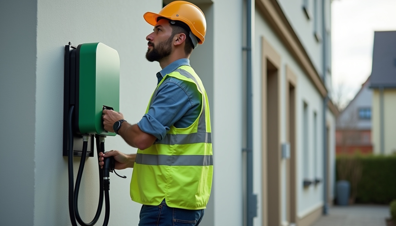 Technicien en train d’installer une borne de recharge électrique sur un mur extérieur à Buxerolles