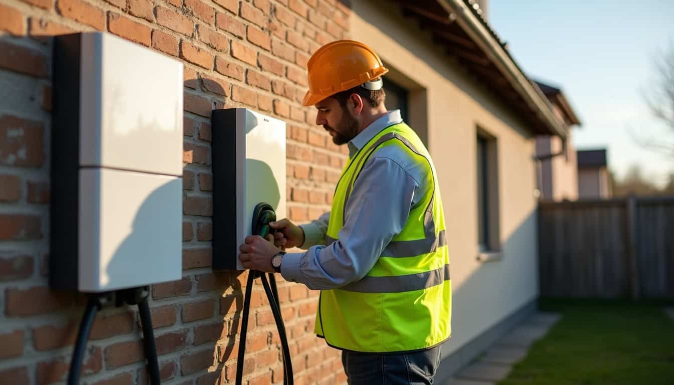 Technicien en train d'installer une borne de recharge électrique sur un mur extérieur à Cavignac