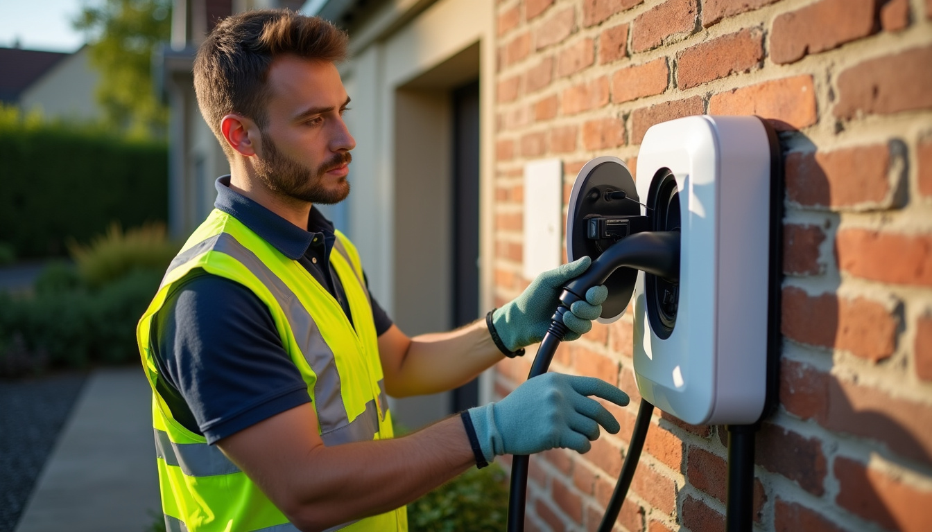 Technicien en train d'installer une borne de recharge électrique sur un mur extérieur à Essigny-le-Grand