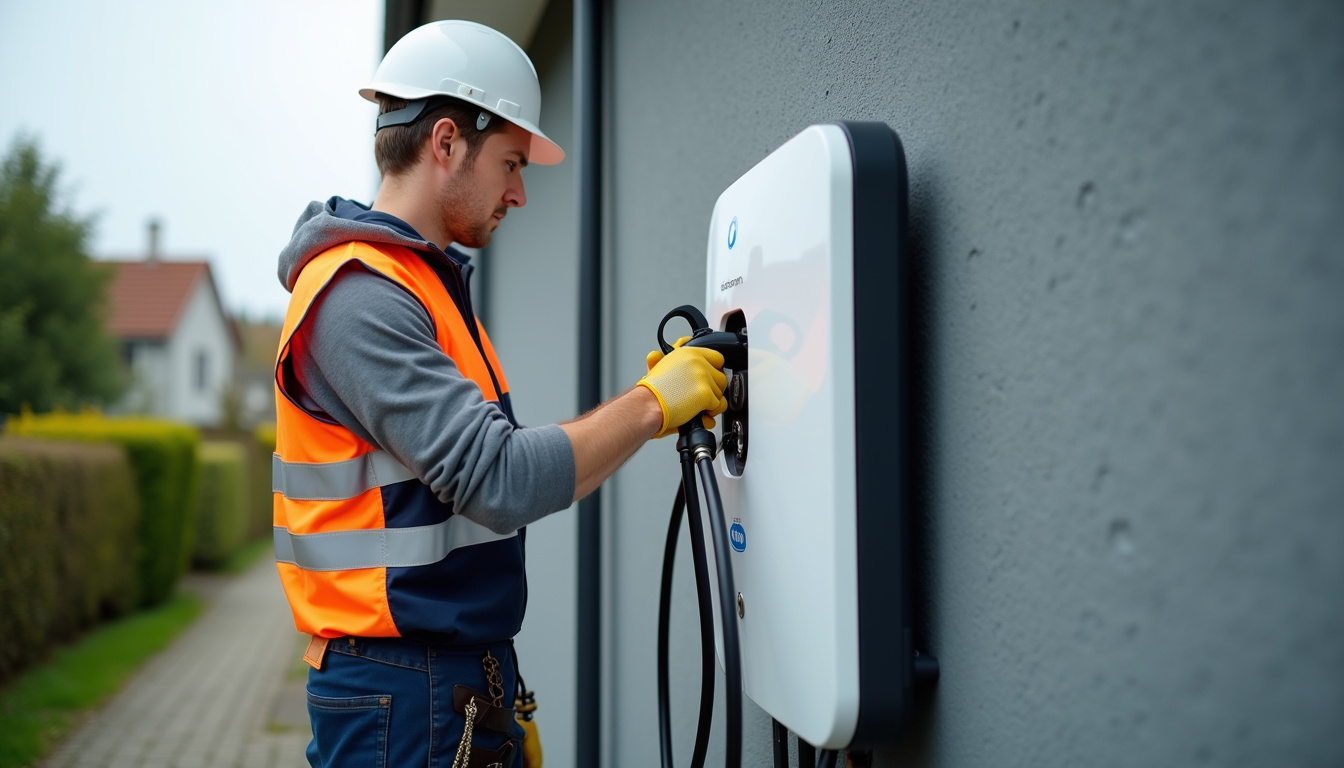 Technicien en train d'installer une borne de recharge électrique sur un mur extérieur à Hallines, avec matériel de sécurité et normes respectées