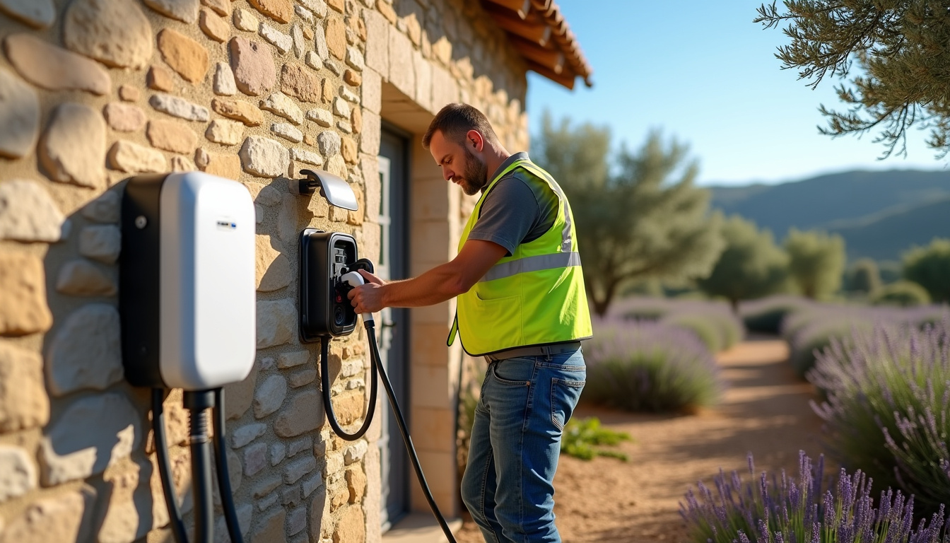 Technicien en train d'installer une borne de recharge électrique sur un mur extérieur à La Bégude-de-Mazenc