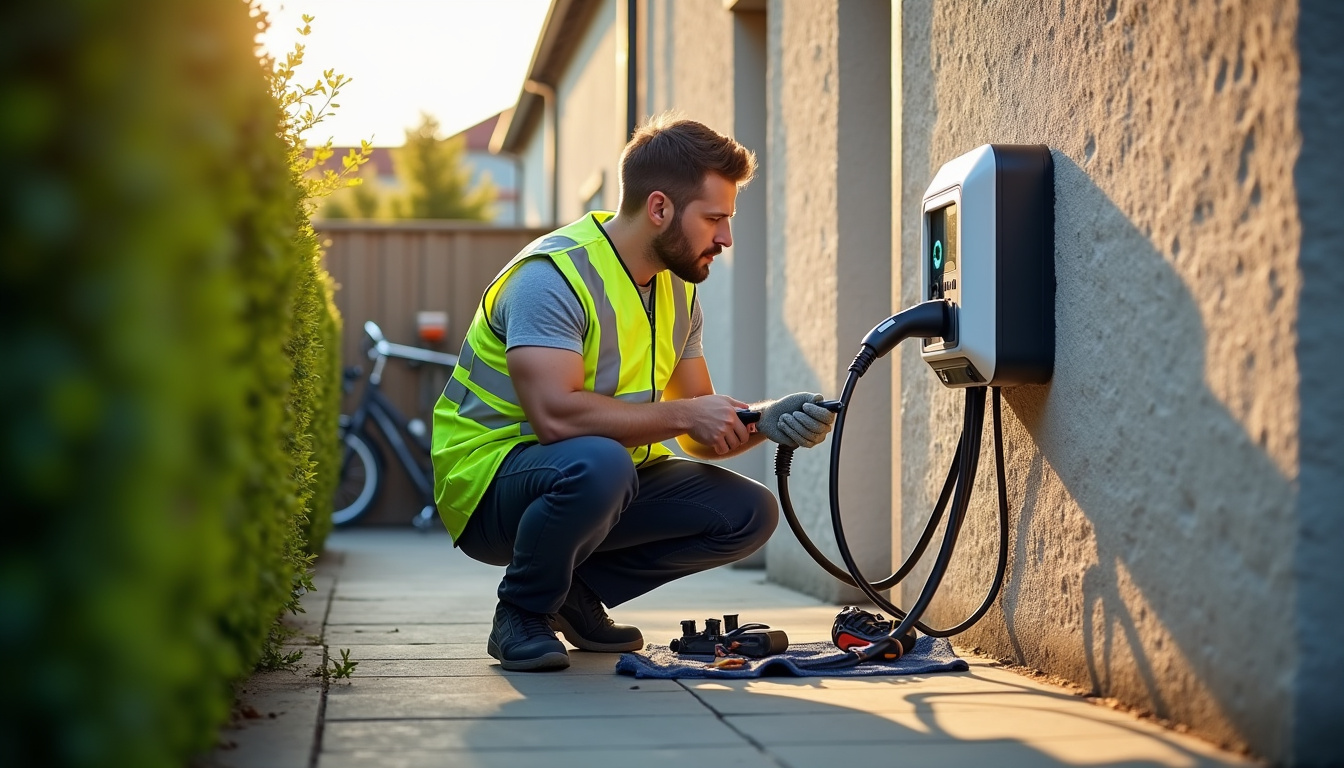 Technicien en train d'installer une borne de recharge électrique sur un mur extérieur à La Ferté-Alais
