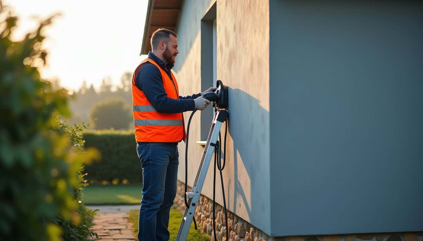 Technicien en train d'installer une borne de recharge électrique sur un mur extérieur à La Haye-Pesnel