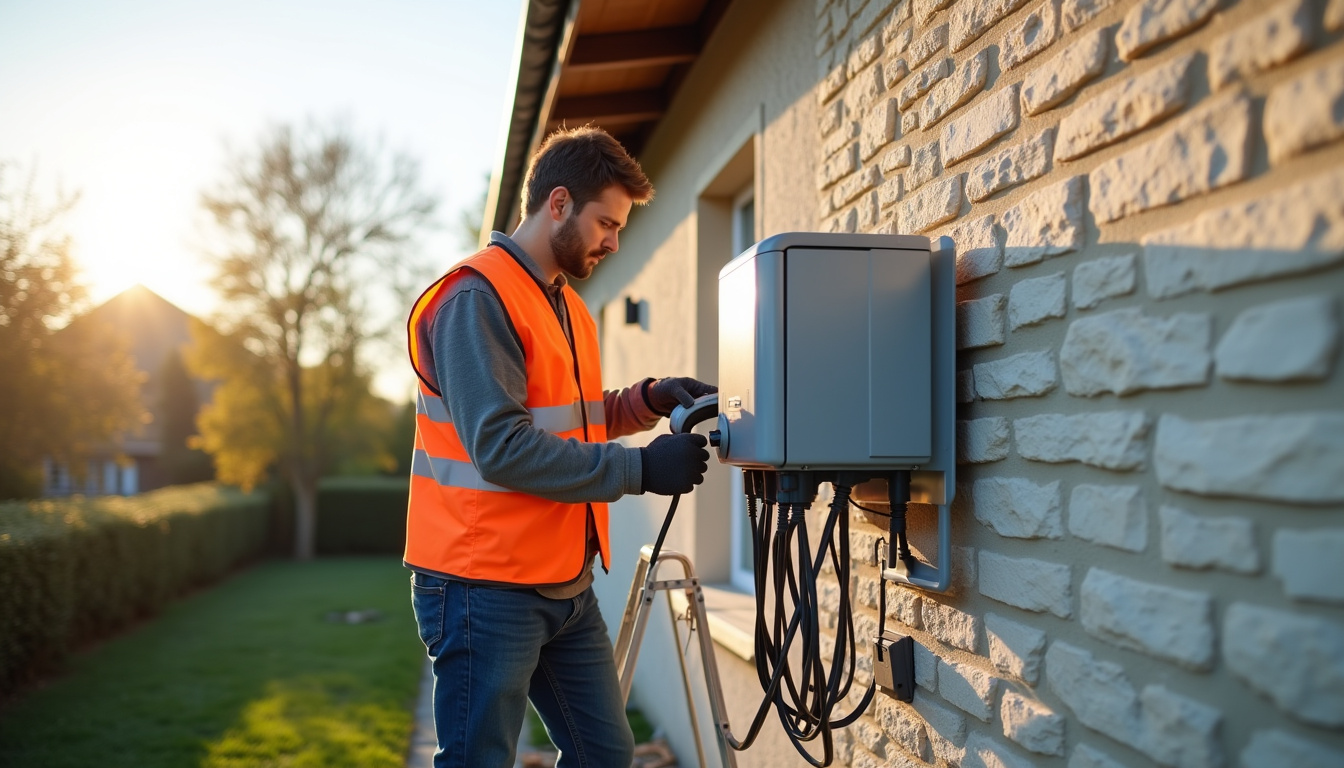 Technicien en train d'installer une borne de recharge électrique sur un mur extérieur à Latresne