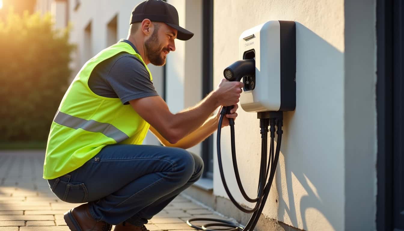 Technicien en train d'installer une borne de recharge électrique sur un mur extérieur à Sours