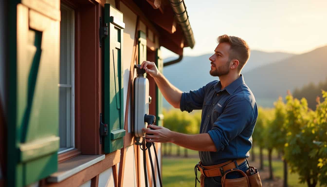 Technicien en train d’installer une borne de recharge électrique sur un mur extérieur à Turckheim