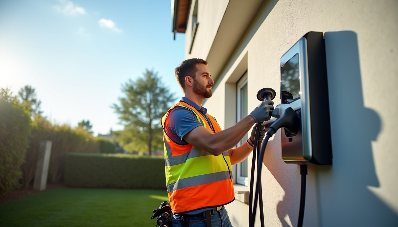 Technicien en train d'installer une borne de recharge électrique sur un mur extérieur à Vittel