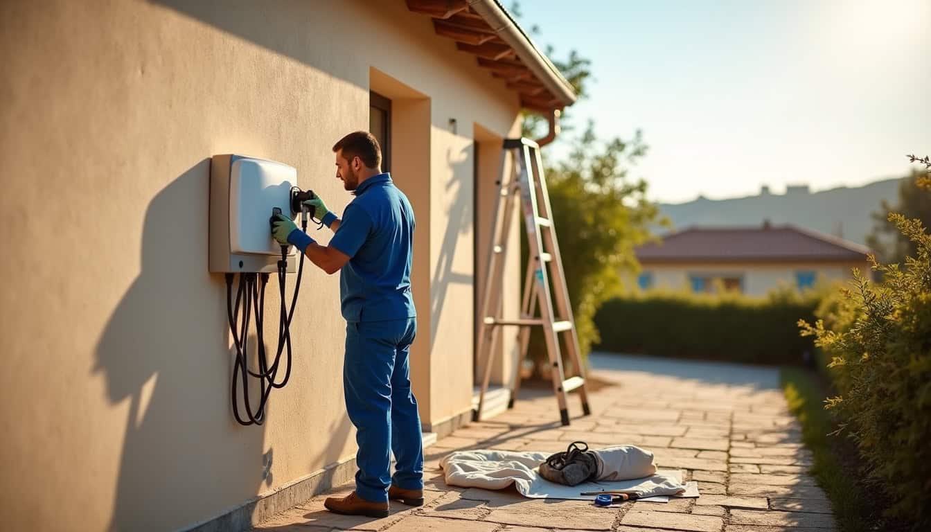 Technicien en train d’installer une borne de recharge électrique sur un mur extérieur d’une maison à Saint-Laurent-de-la-Salanque