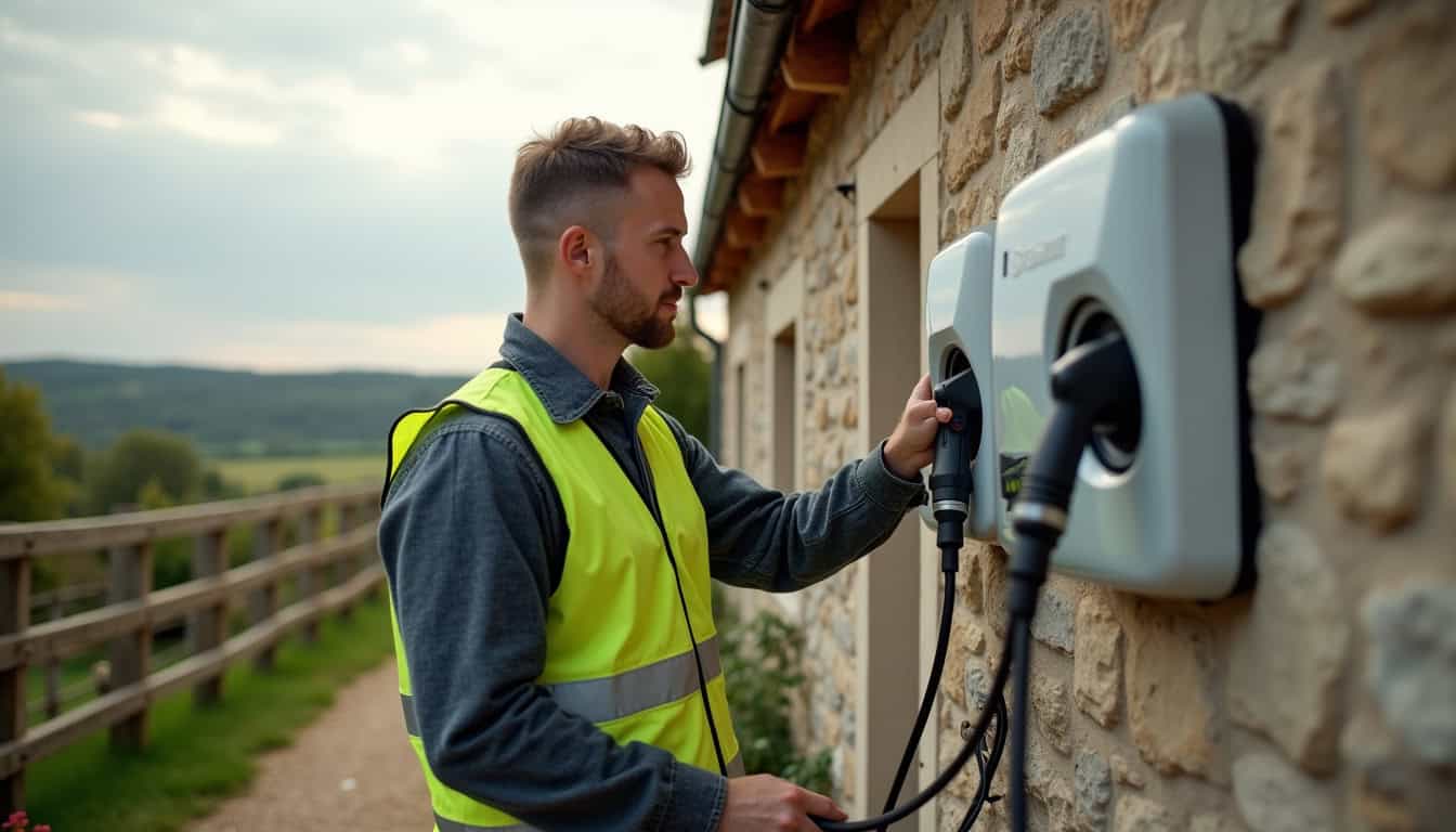 Technicien en train d'installer une borne de recharge électrique sur un mur extérieur en Orne