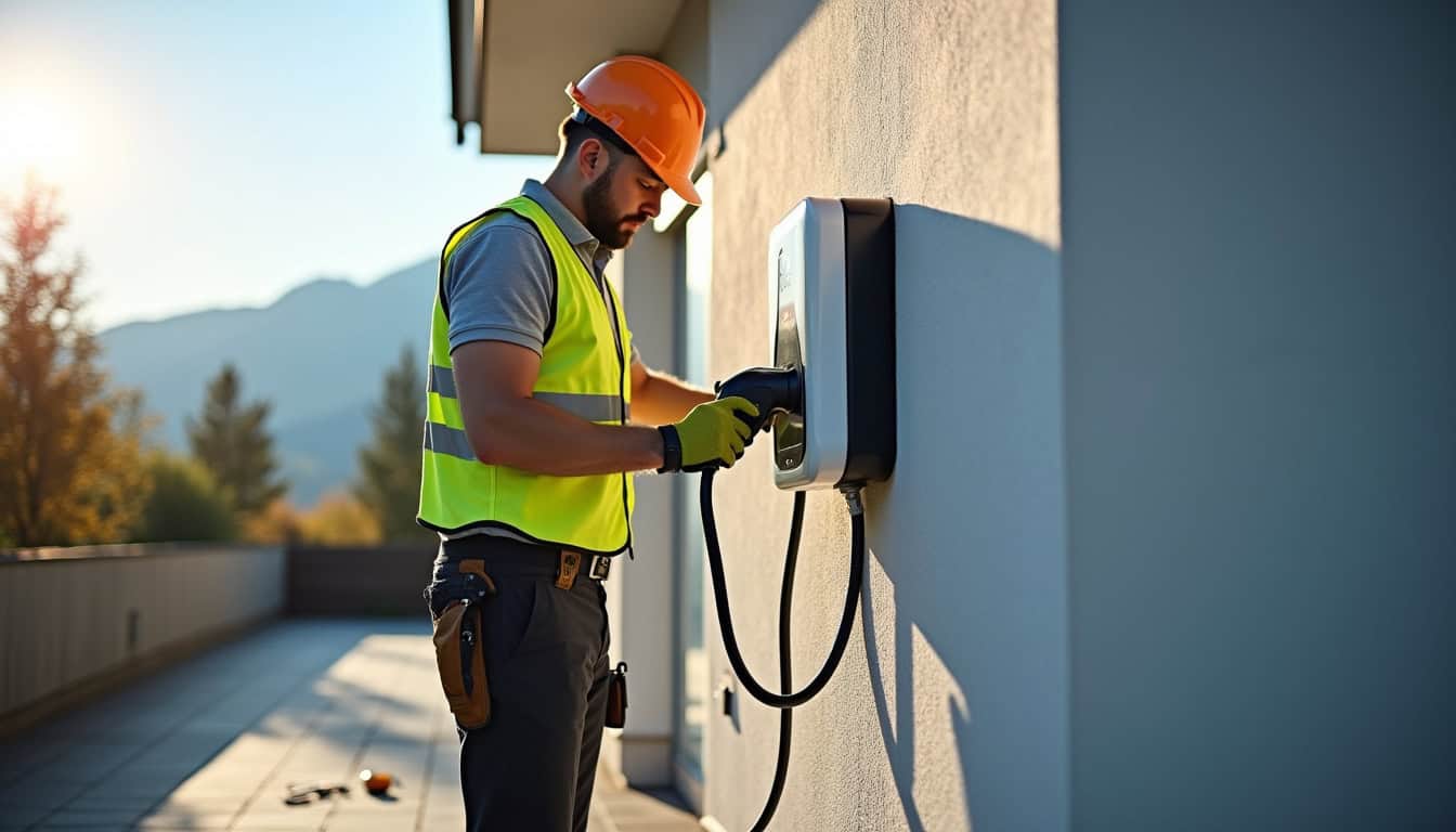 Technicien en train d'installer une borne de recharge électrique sur un mur extérieur