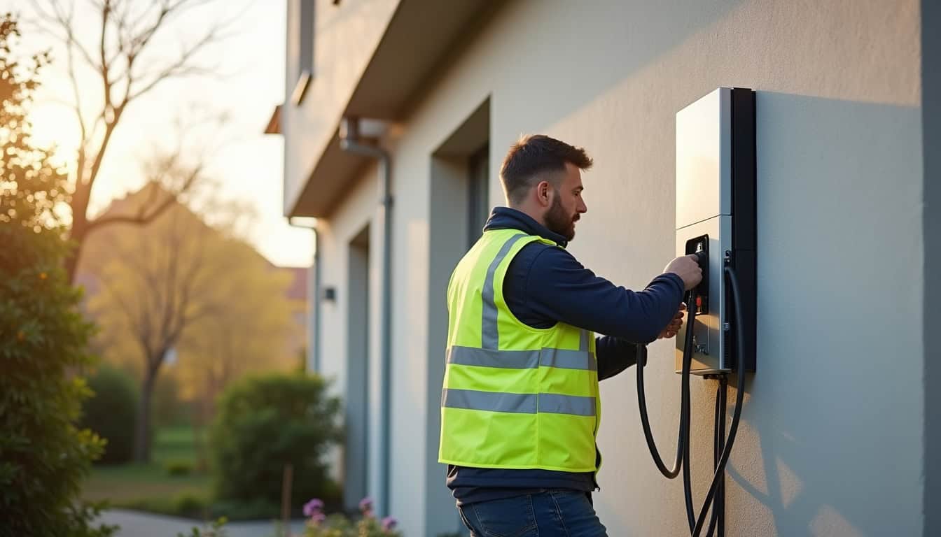 Technicien en train d'installer une borne de recharge électrique sur un mur extérieur